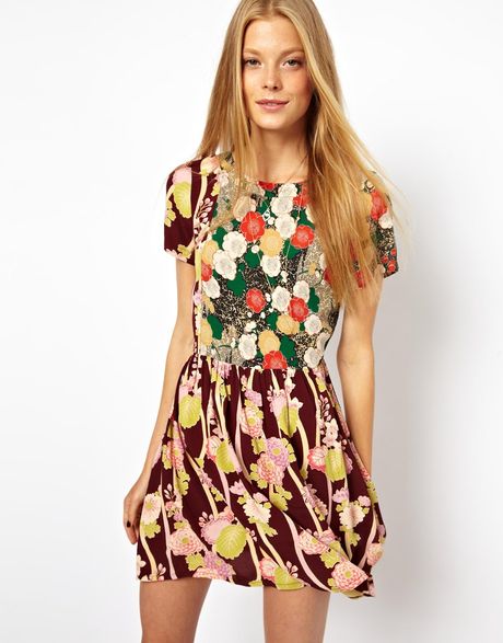 Asos Skater Dress with Floral Patchwork in Multicolor (Print) | Lyst