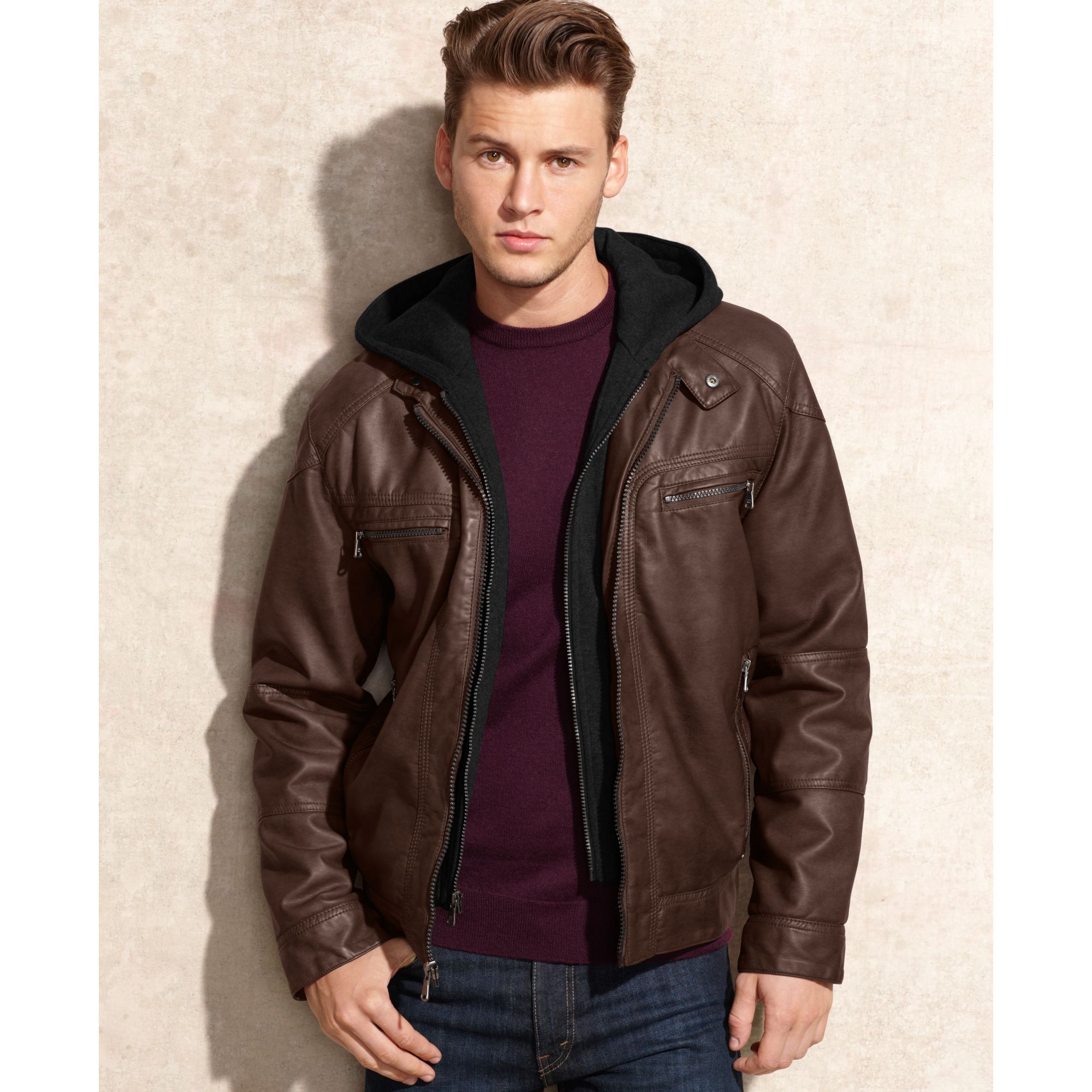 Calvin Klein Hooded Faux Leather Jacket in Brown for Men | Lyst