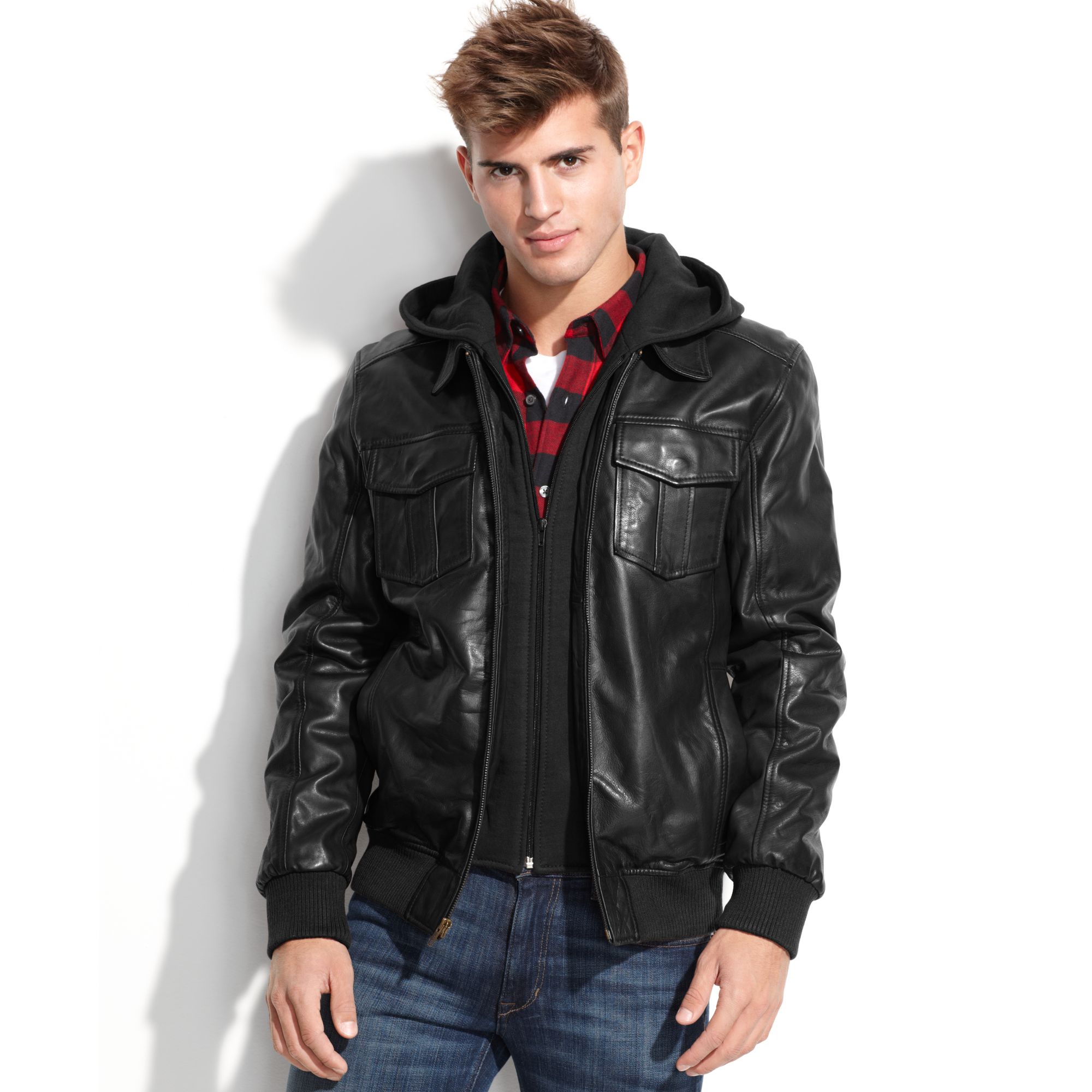 leather bomber jacket with hood