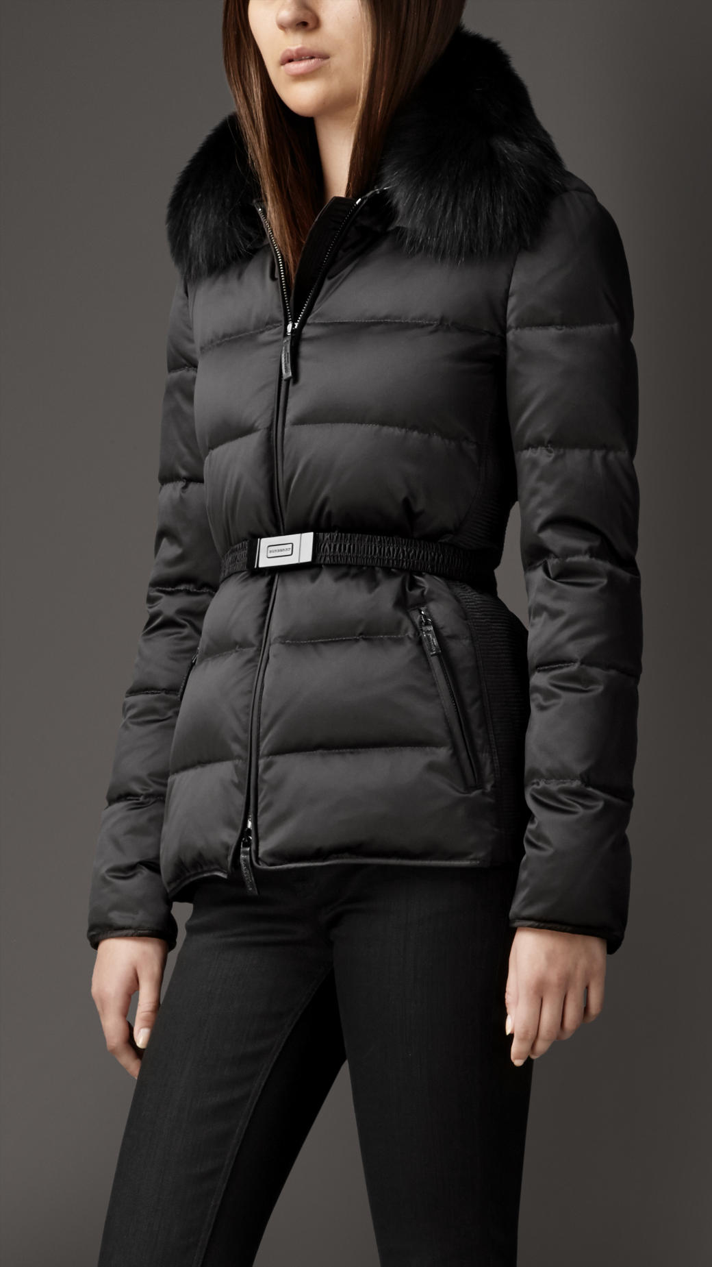 Lyst Burberry Fur Trim Technical Satin Puffer Jacket in Black