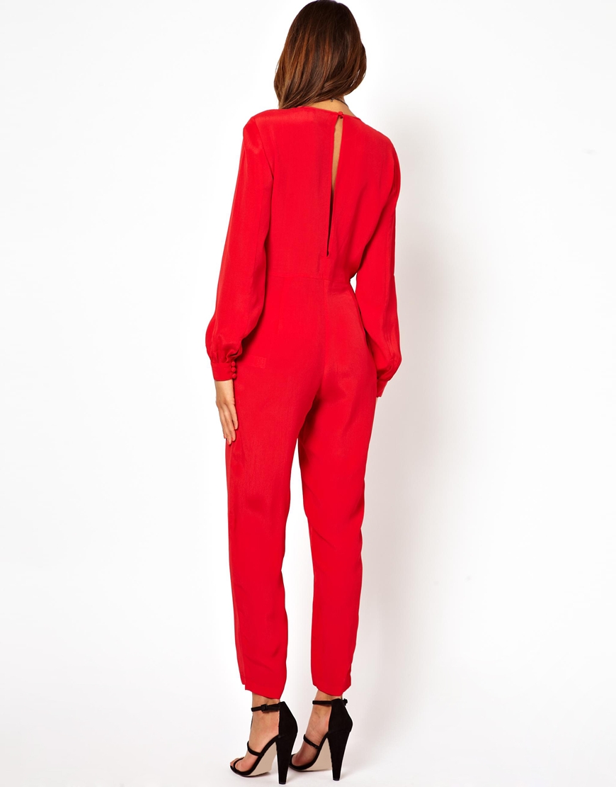 Lyst - Asos Simple Jumpsuit With Long Sleeves in Red