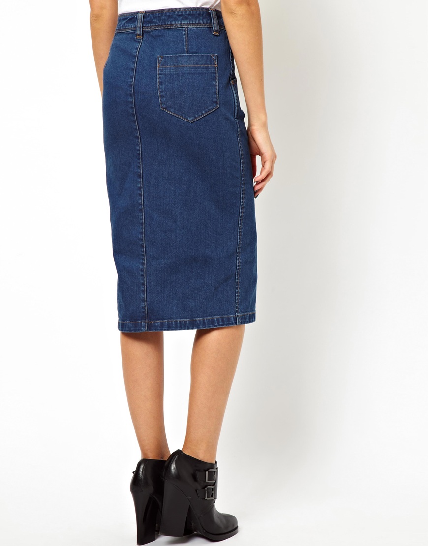 Asos Denim Pencil Skirt With Split Front In Blue Lyst