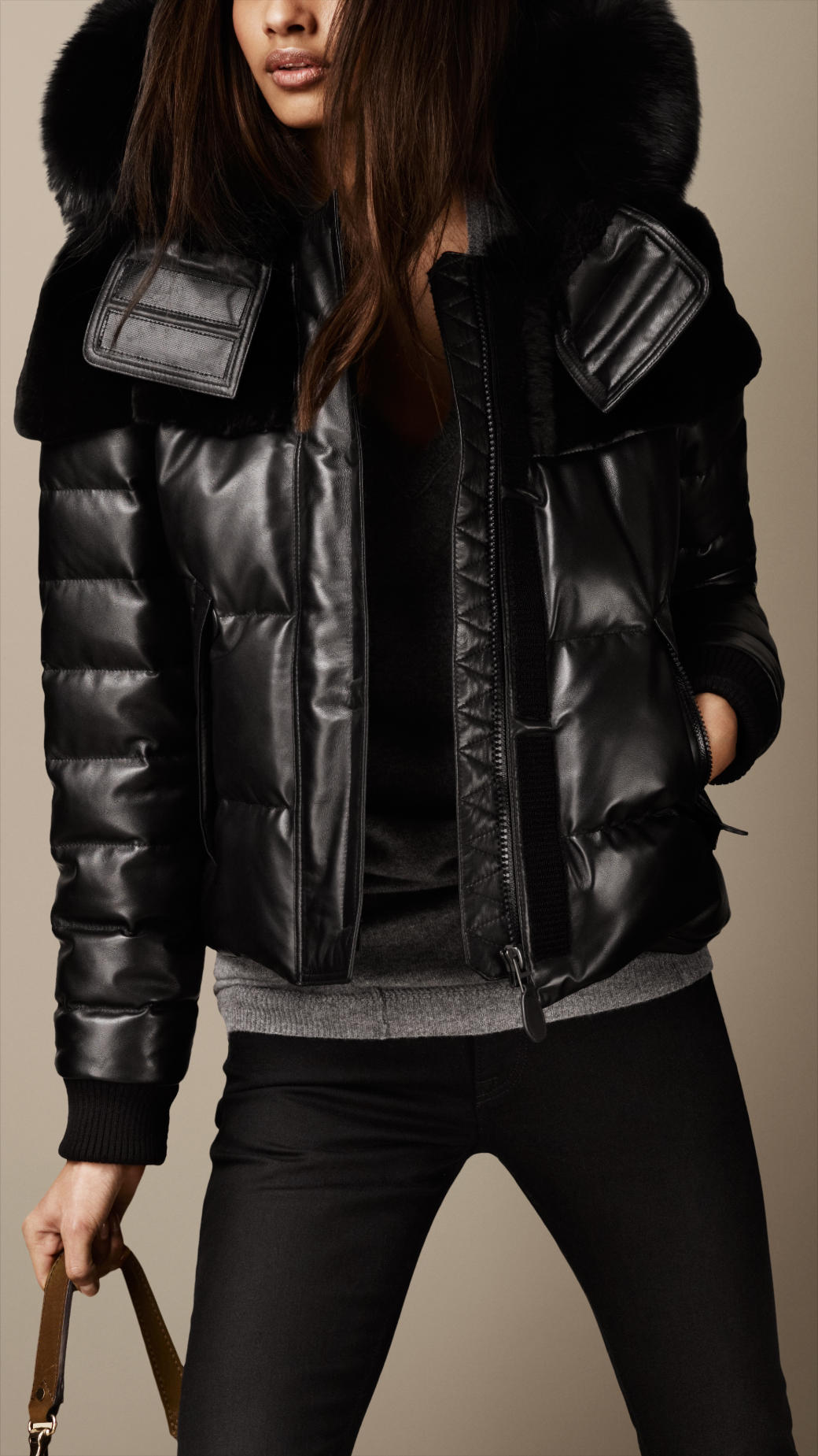 Burberry Fur Trim Nappa Leather Puffer Jacket in Black - Lyst