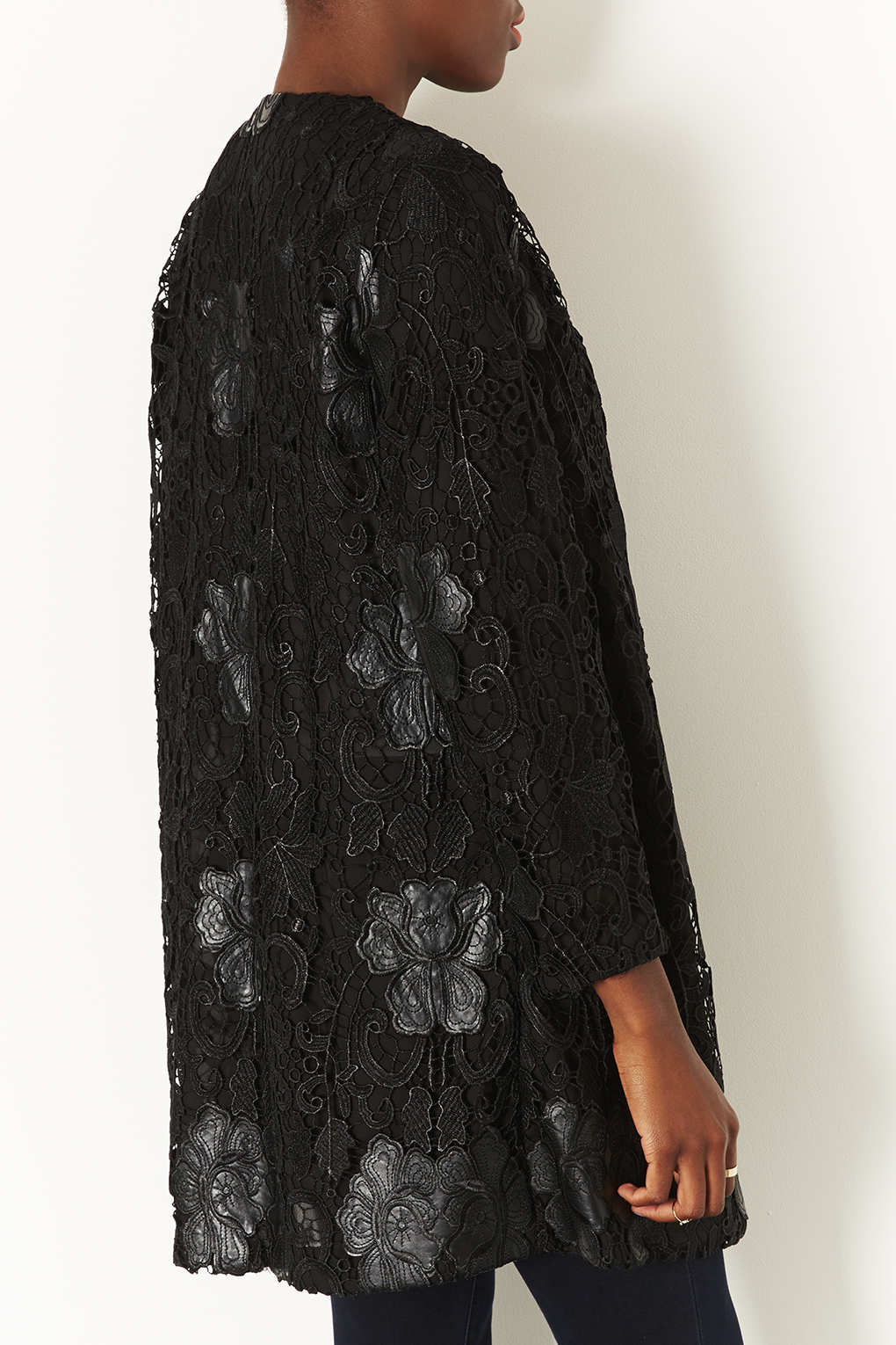 Lyst Lace Overlay Coat in Black