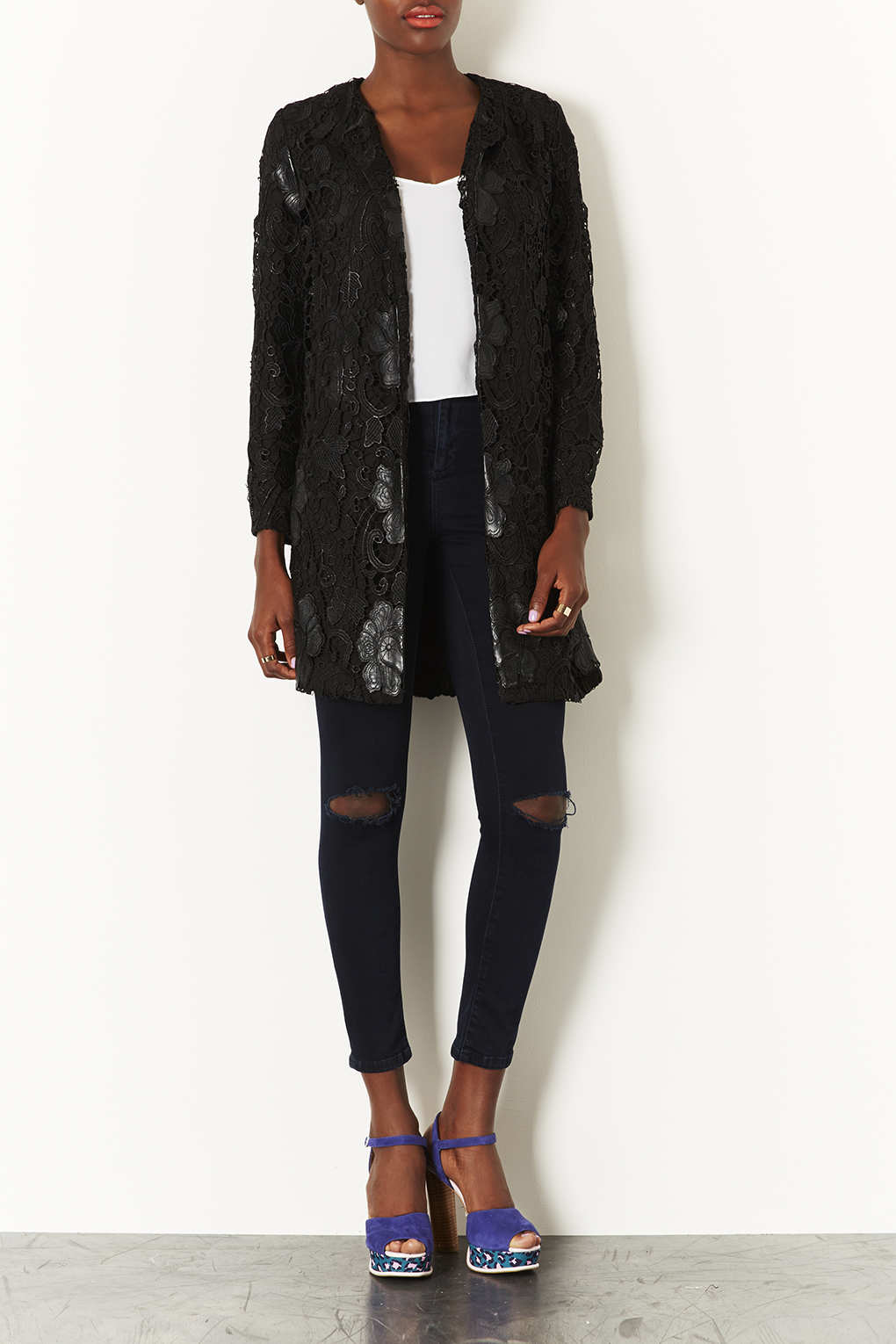 Lyst Lace Overlay Coat in Black