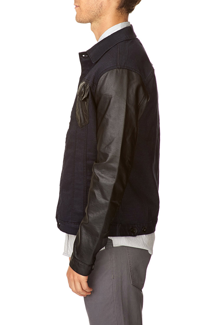 Forever 21 Faux Leather Trim Denim Jacket in Denim Washed (Black) for