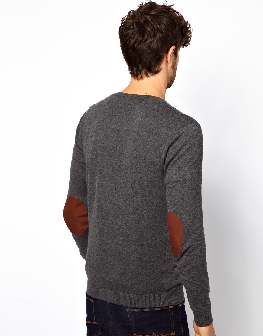 ASOS V Neck Jumper with Elbow Patches in Charcoal (Gray) for Men Lyst