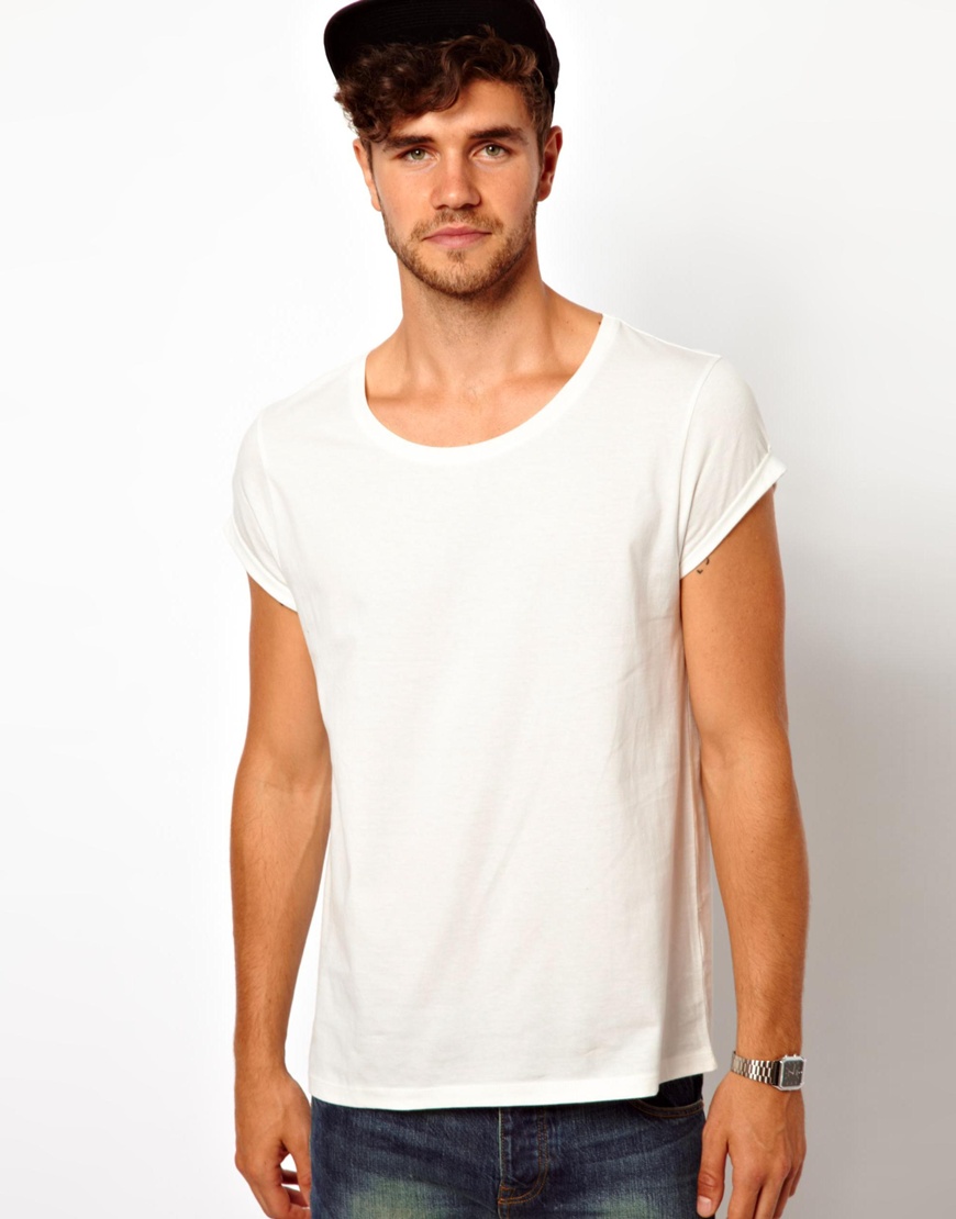 ASOS T-Shirt With Scoop Neck And Roll Sleeve in White for Men | Lyst