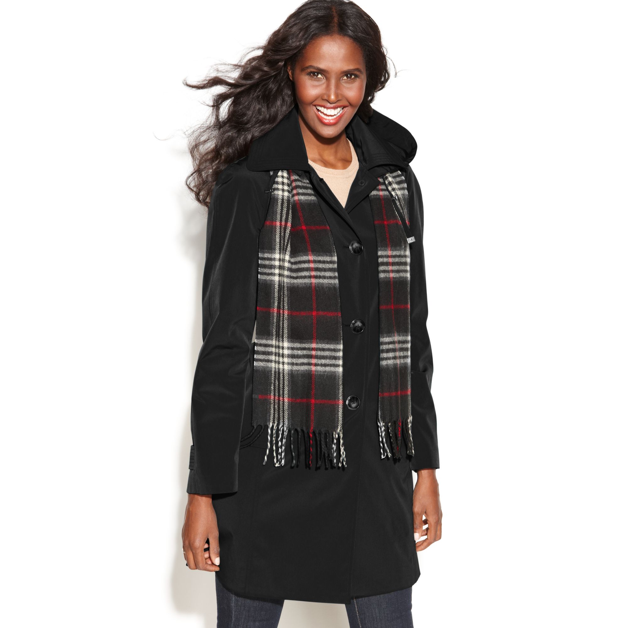 topshop hooded scarf Black Hooded Fog in Lyst Plaid Scarf Raincoat   with  Singlebreasted