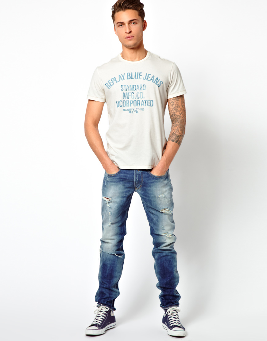 Replay Tshirt Blue Jeans Standard Logo in White for Men - Lyst