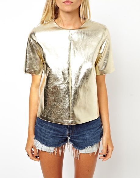 Asos Tshirt with Leather Look Panel in Gold | Lyst