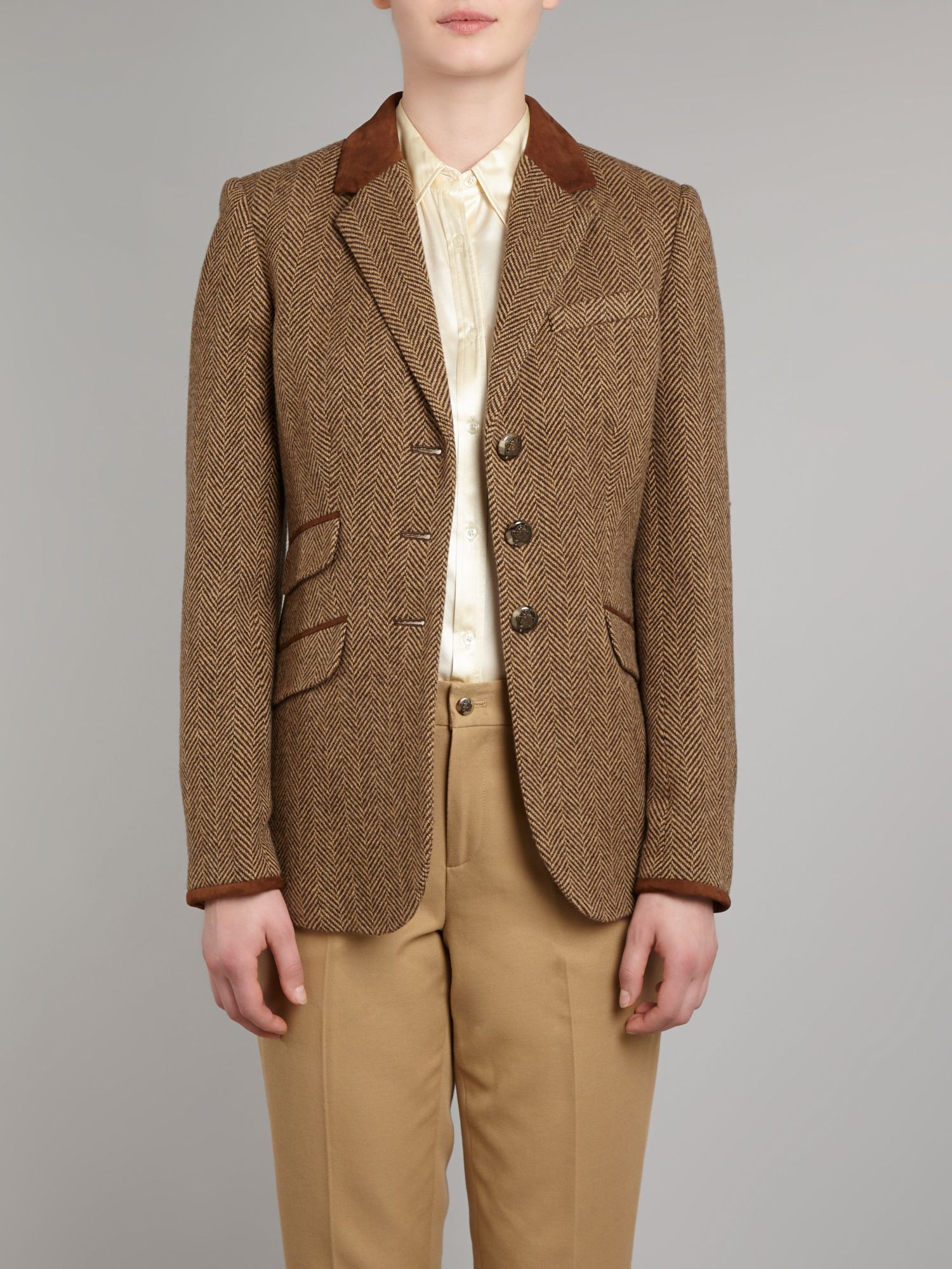 Lauren by ralph lauren Tweed Hacking Jacket with Suede Tipped Collar in Brown Lyst