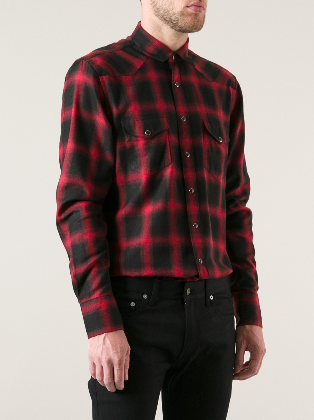 Saint Laurent Distressed Rayon Check Long Sleeve Shirt Red,Black