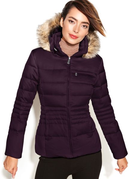 Dkny Hooded Fauxfurtrim Quilted Puffer in Red (Cabernet) | Lyst