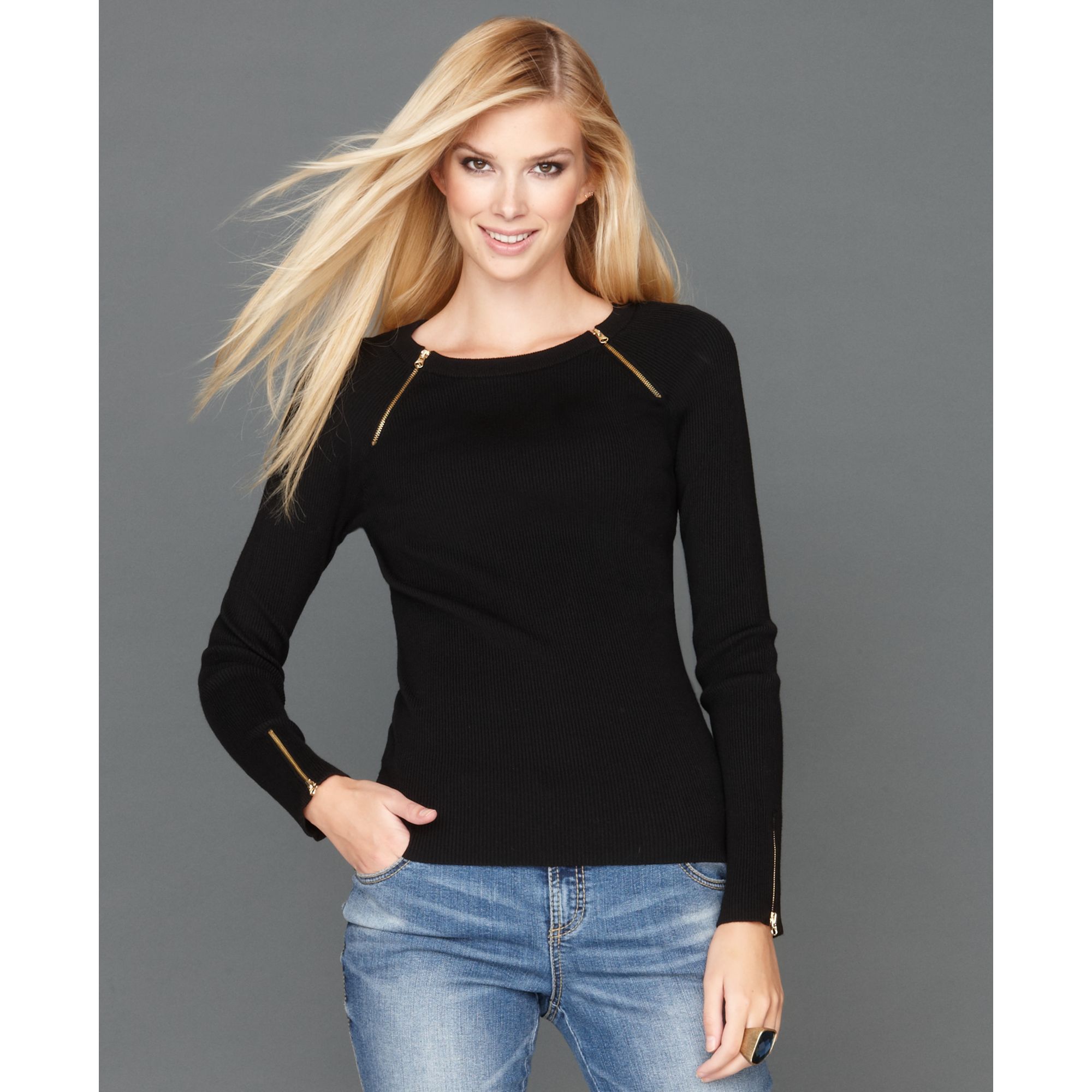 Inc international concepts Long Sleeve Zipper Trim Sweater in Black | Lyst