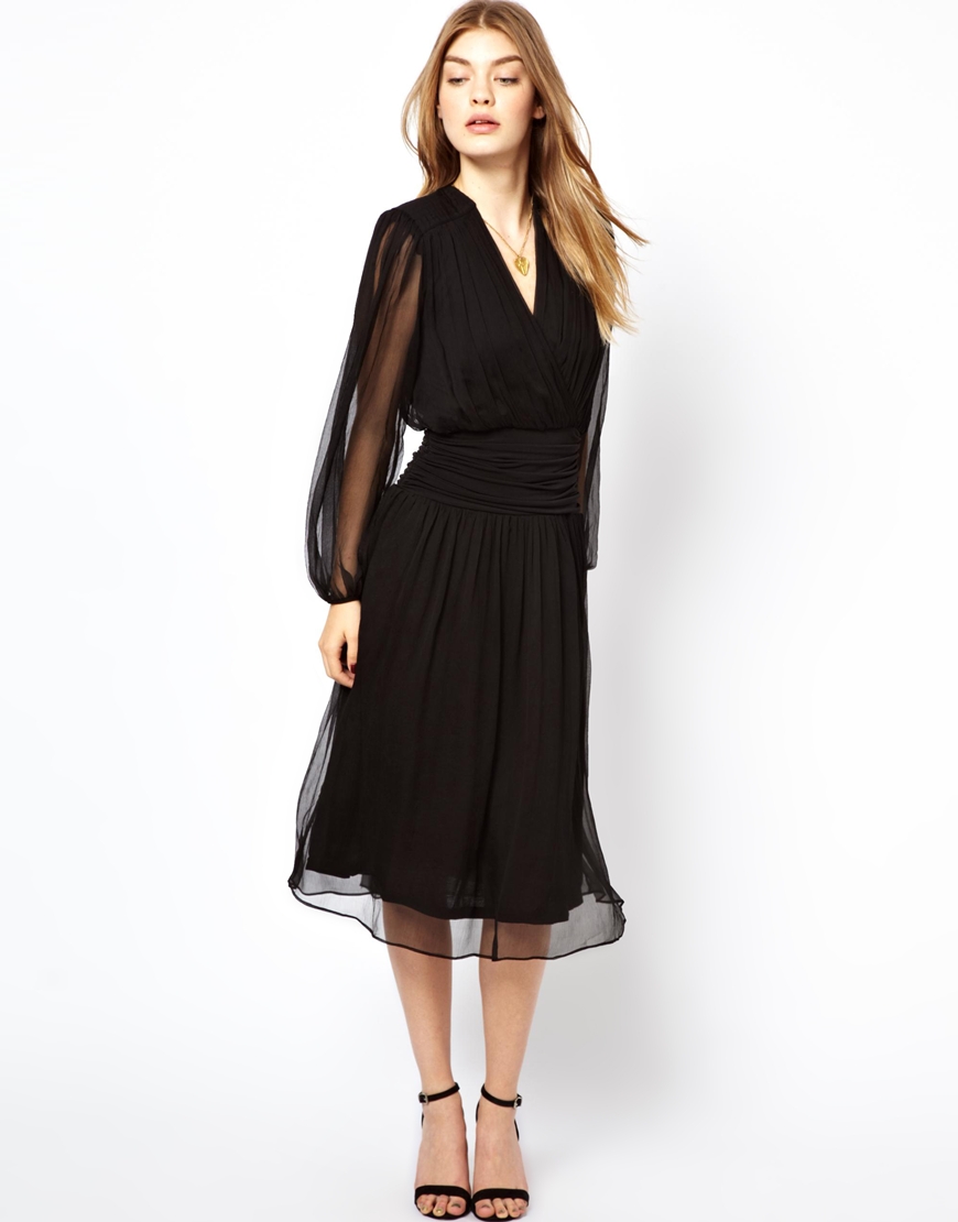 black silk midi dress