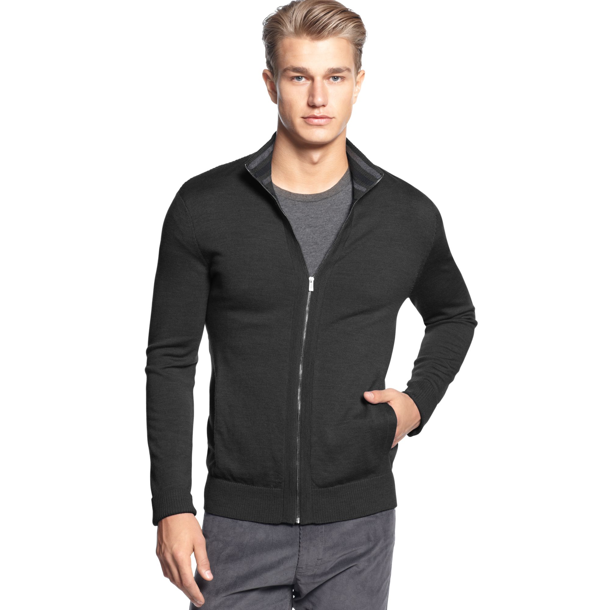 Calvin Klein Full Zipper Merino Sweater in Gray for Men | Lyst