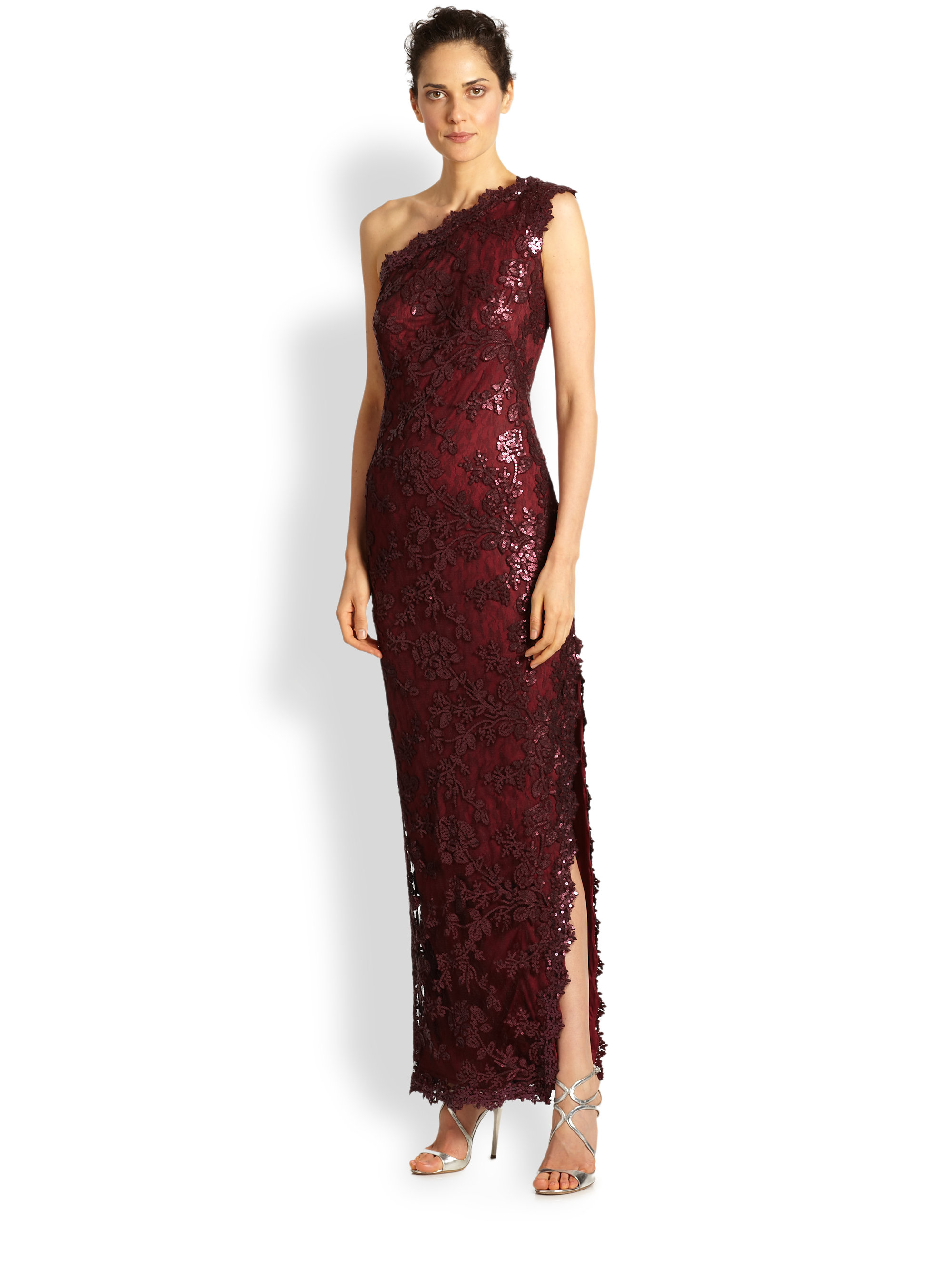 Lyst - Tadashi Shoji One-shoulder Lace/sequin Dress in Red