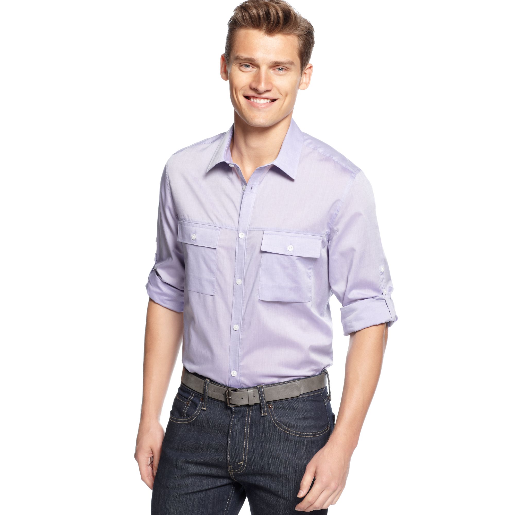 Calvin Klein Long Sleeve Chambray Roll Tab Sleeve Shirt in Purple for ...