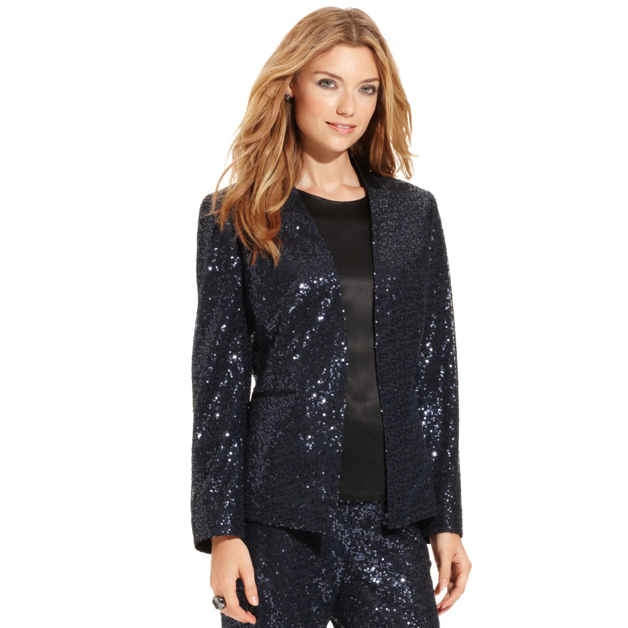Lyst Tahari Sequin Collarless Blazer in Blue