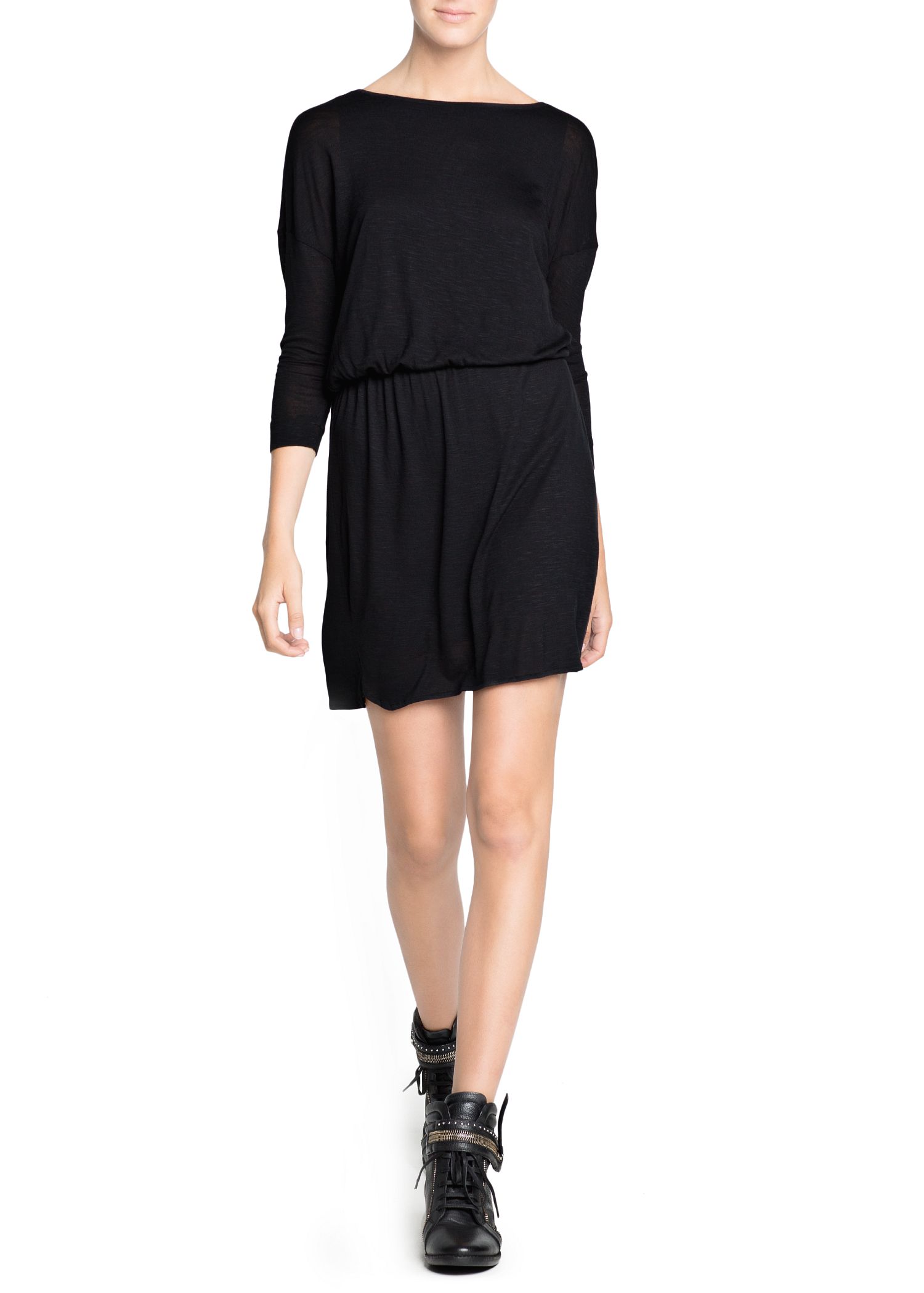Lyst Mango Elastic Waist Slub Dress in Black