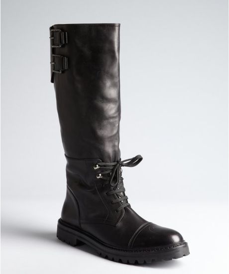 Belstaff Black Leather Double Buckle Tall Motorcycle Boots in Black | Lyst