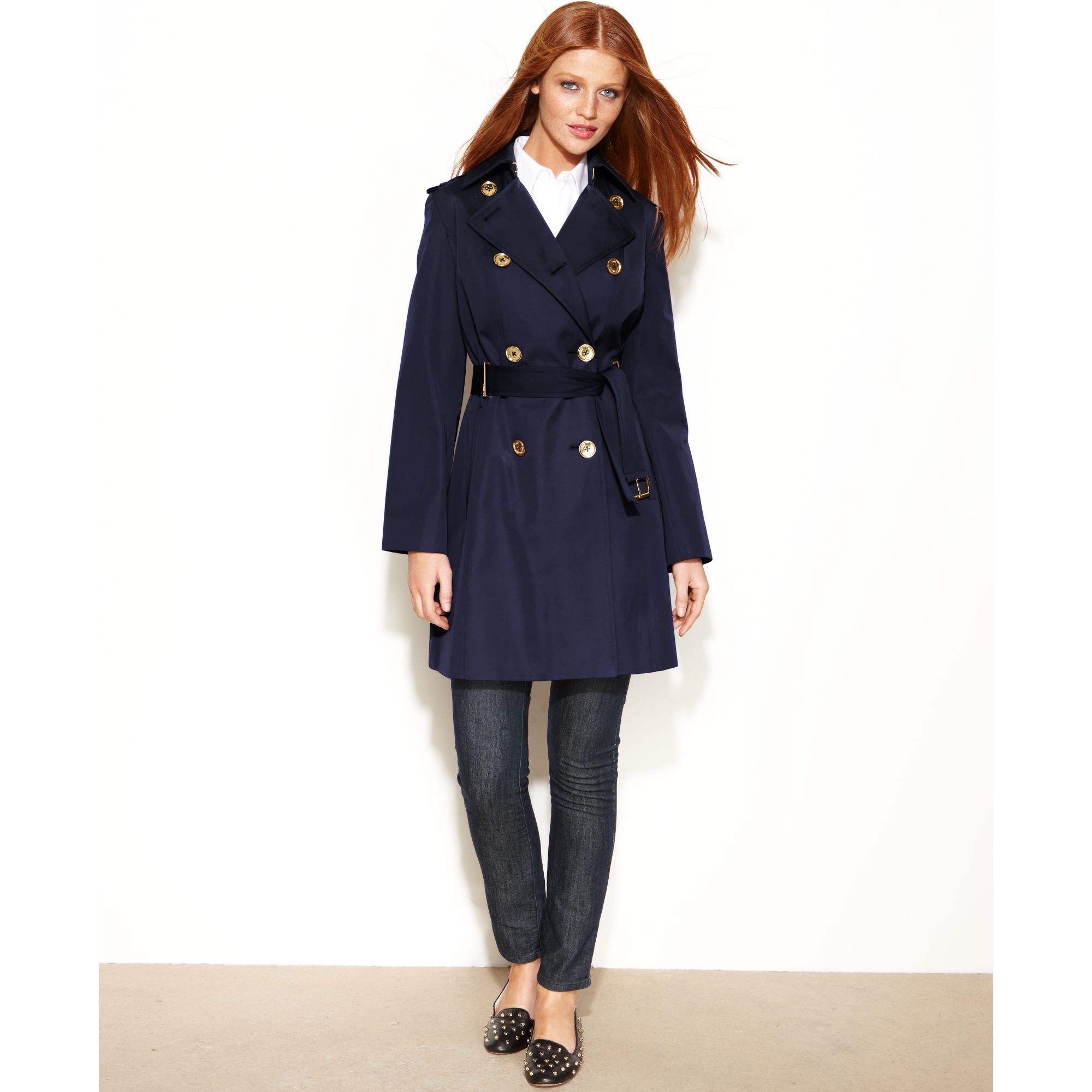 Michael Kors Doublebreasted Belted Trench Coat in Navy (Blue) - Lyst
