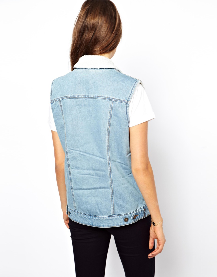 ASOS Denim Gilet in Vintage Wash with Lining and Collar in Blue Lyst