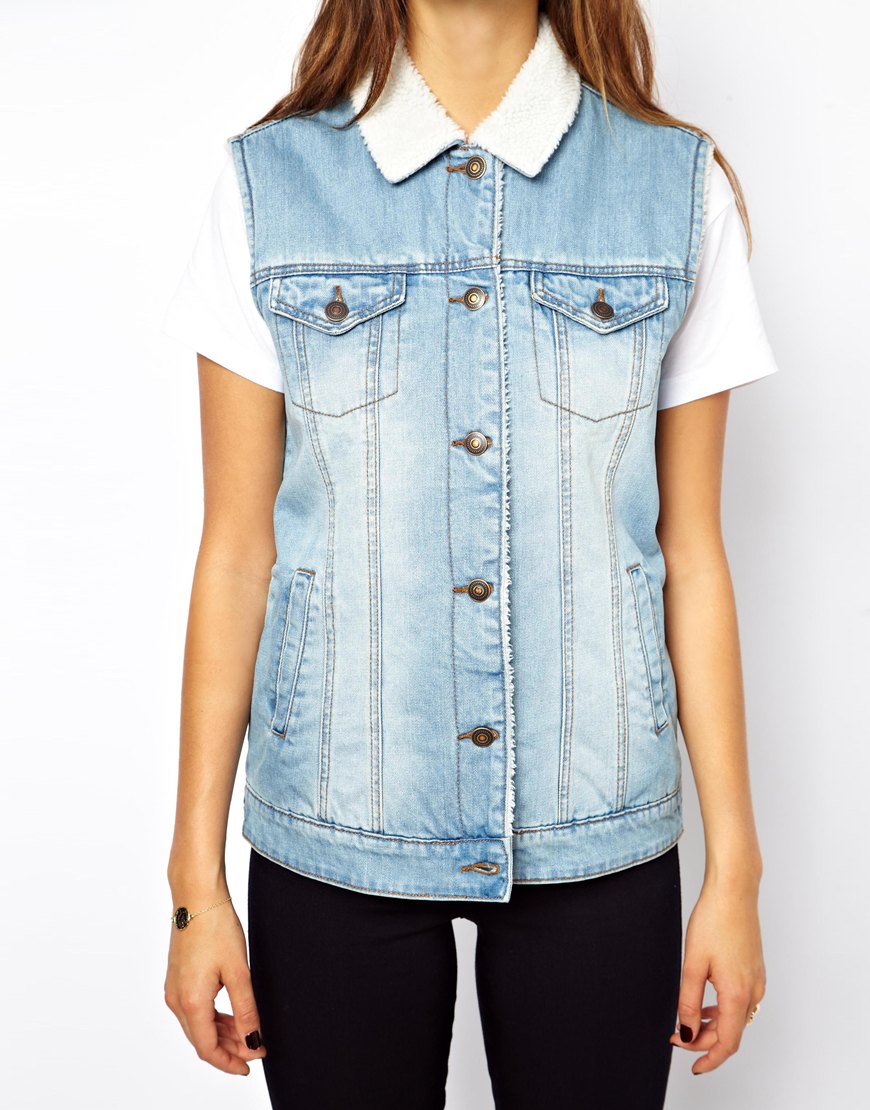 ASOS Denim Gilet in Vintage Wash with Lining and Collar in Blue Lyst