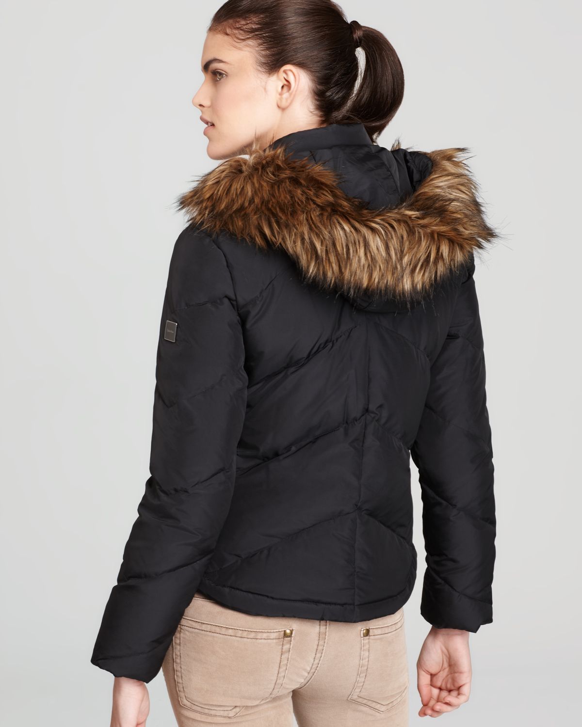 short coat with fur hood