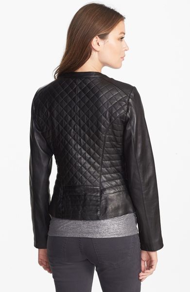 Cole Haan Collarless Quilted Leather Jacket in Black | Lyst