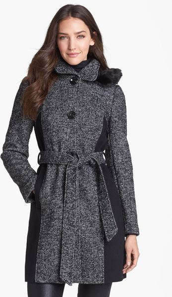 Ellen Tracy Faux Fur Trim Colorblock Tweed Coat in Gray (Black/ White ...