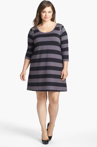 Jessica Simpson Joey Embellished Stripe Knit Dress in Gray (Light ...