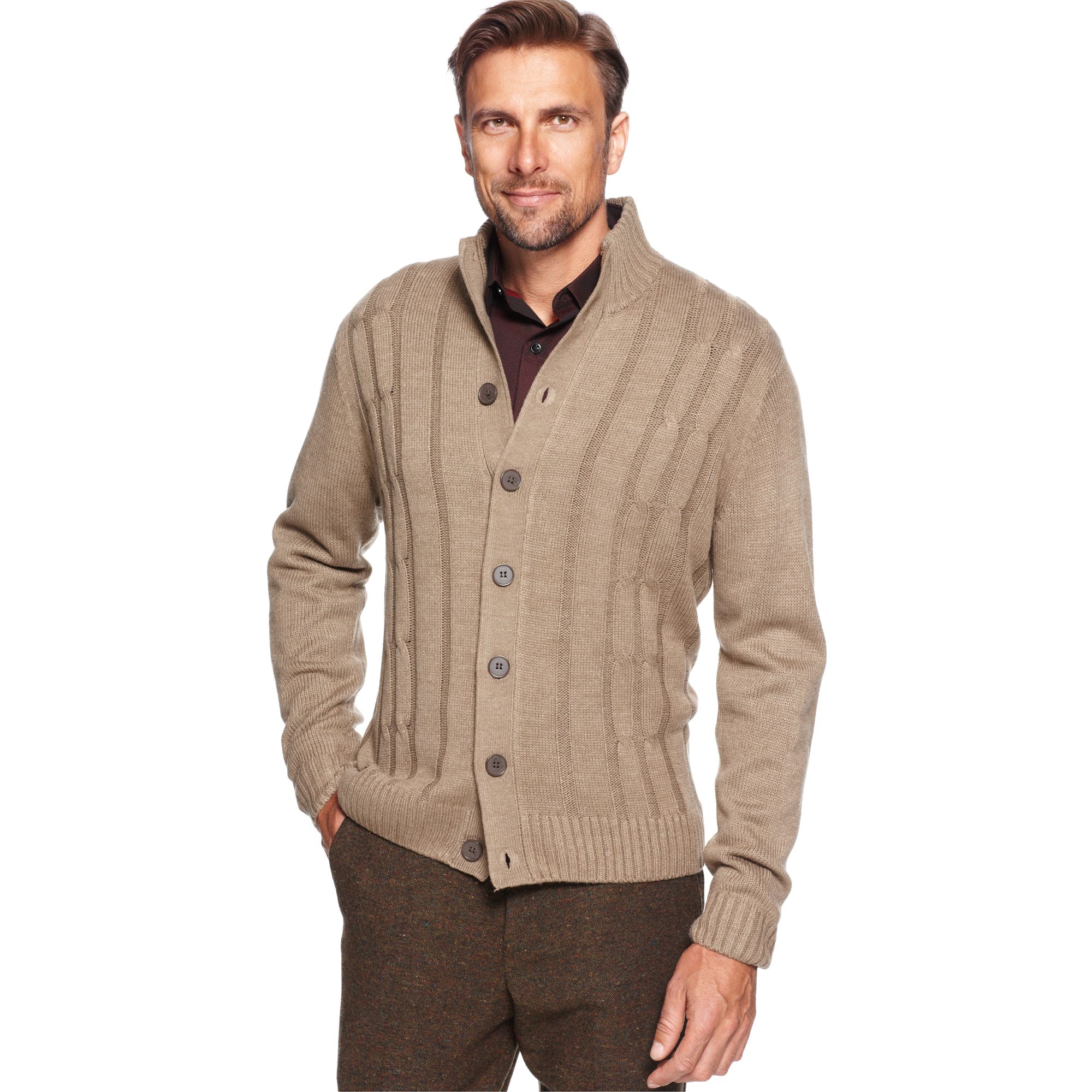 Download Oscar de la Renta Mock Neck Cable Knit Cardigan in Brown ...