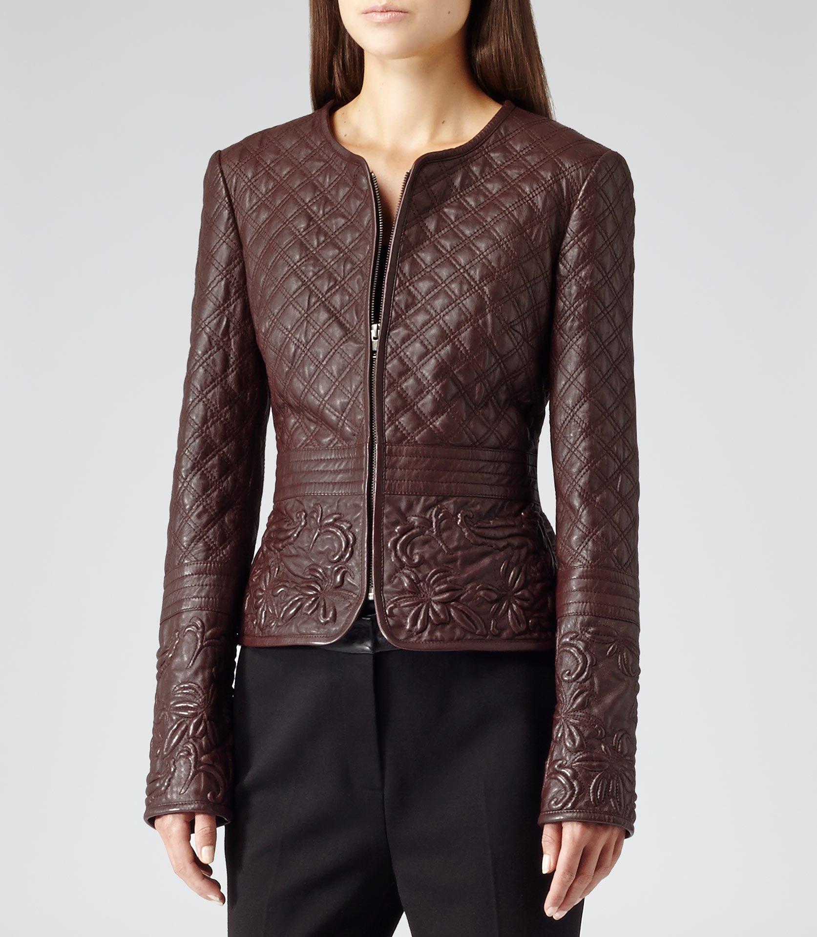 Reiss Onyx Quilted Leather Jacket with Detailing in Burgundy (Brown) - Lyst
