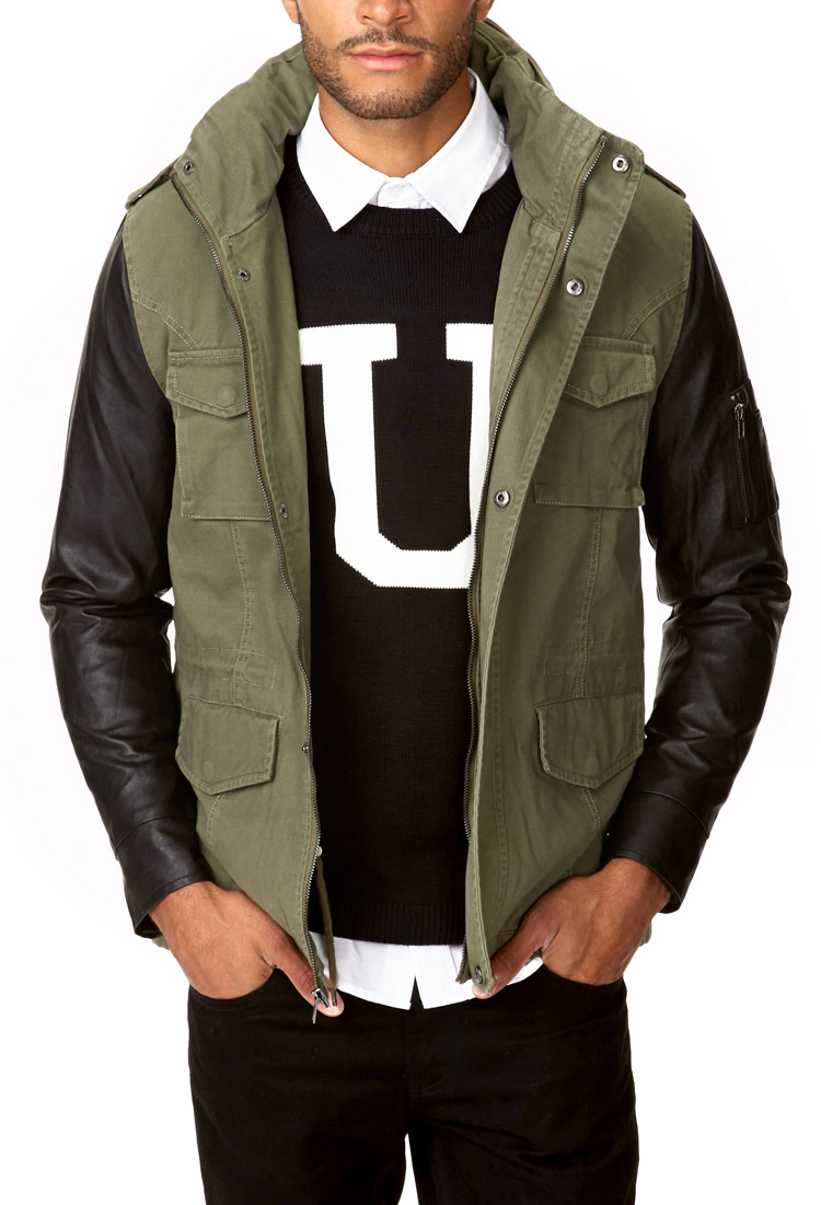 Forever 21 Faux Leather Sleeve Parka in Olive (Green) for Men | Lyst
