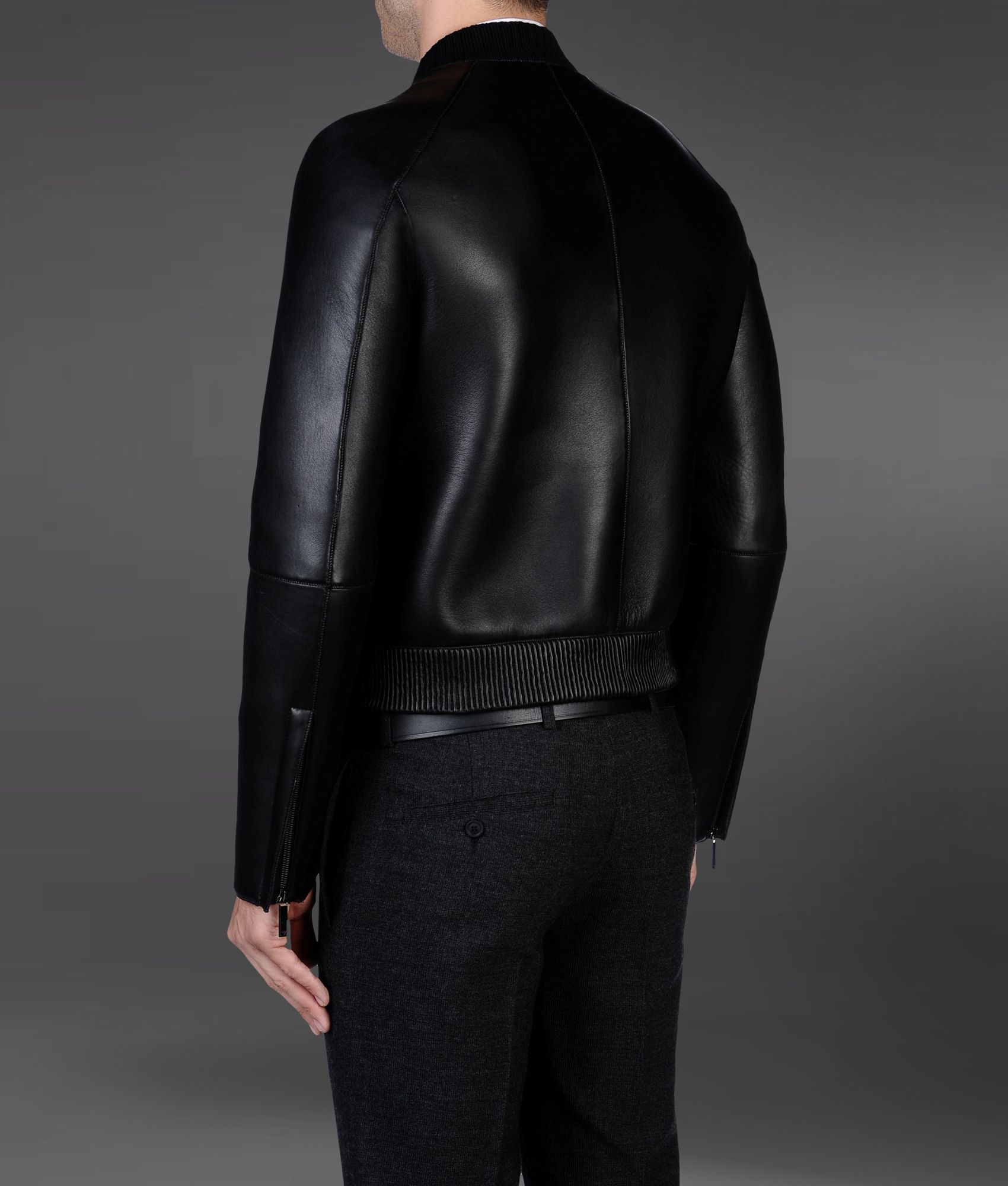 Lyst Emporio Armani Leather Bomber Jacket with Knit Collar in Black