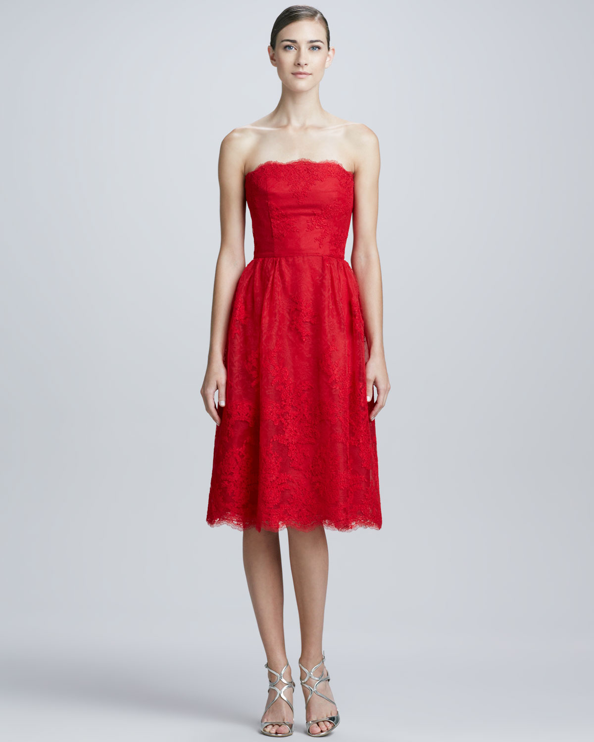 Lyst Ml Monique Lhuillier Strapless Lace Tail Dress In Red Gallery