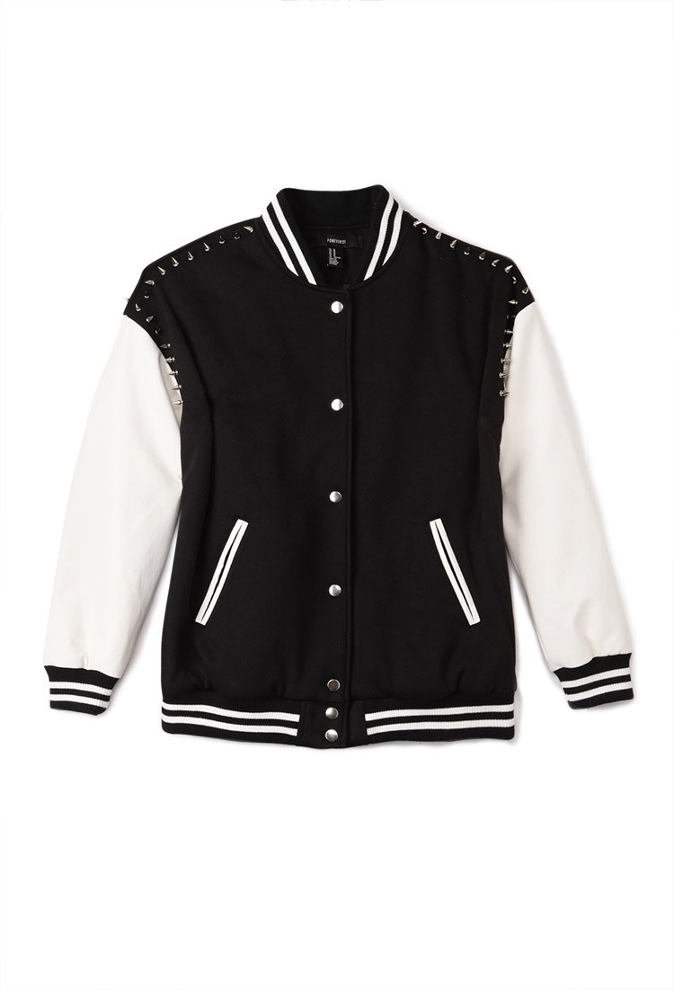 Forever 21 Spiked Varsity Jacket in White (BLACK/WHITE) | Lyst