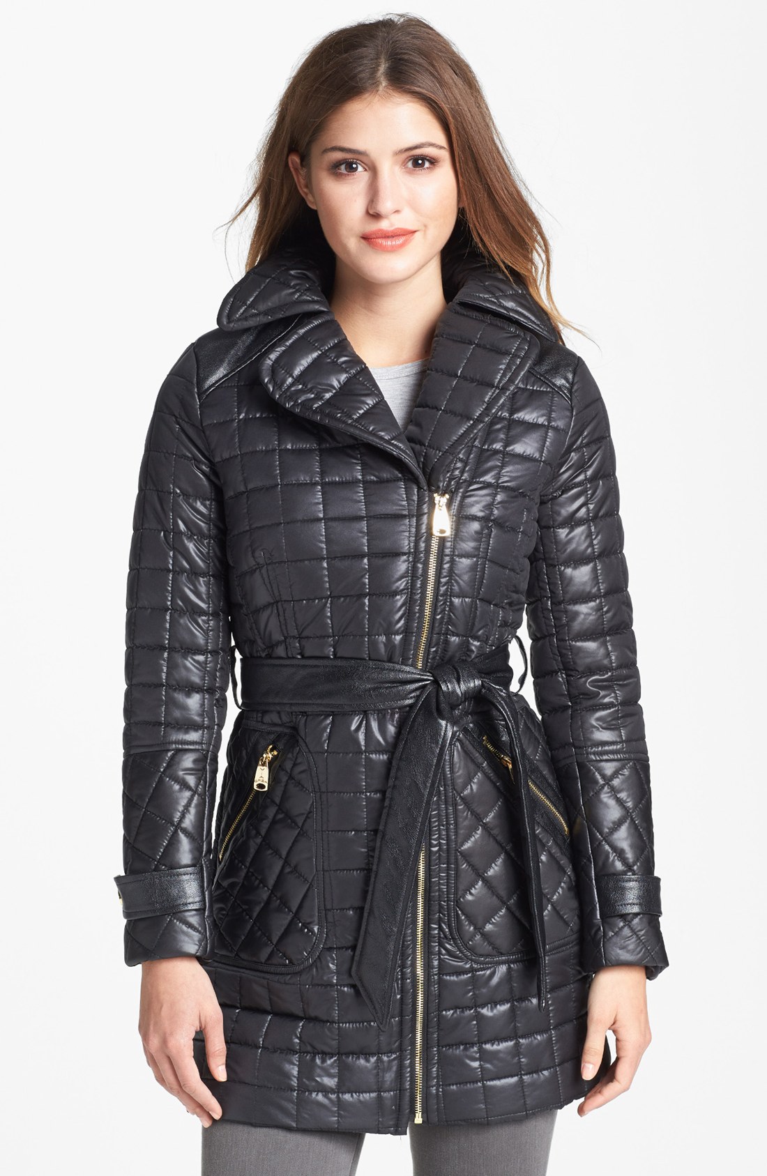 Via Spiga Asymmetrical Belted Quilted Coat in Black | Lyst