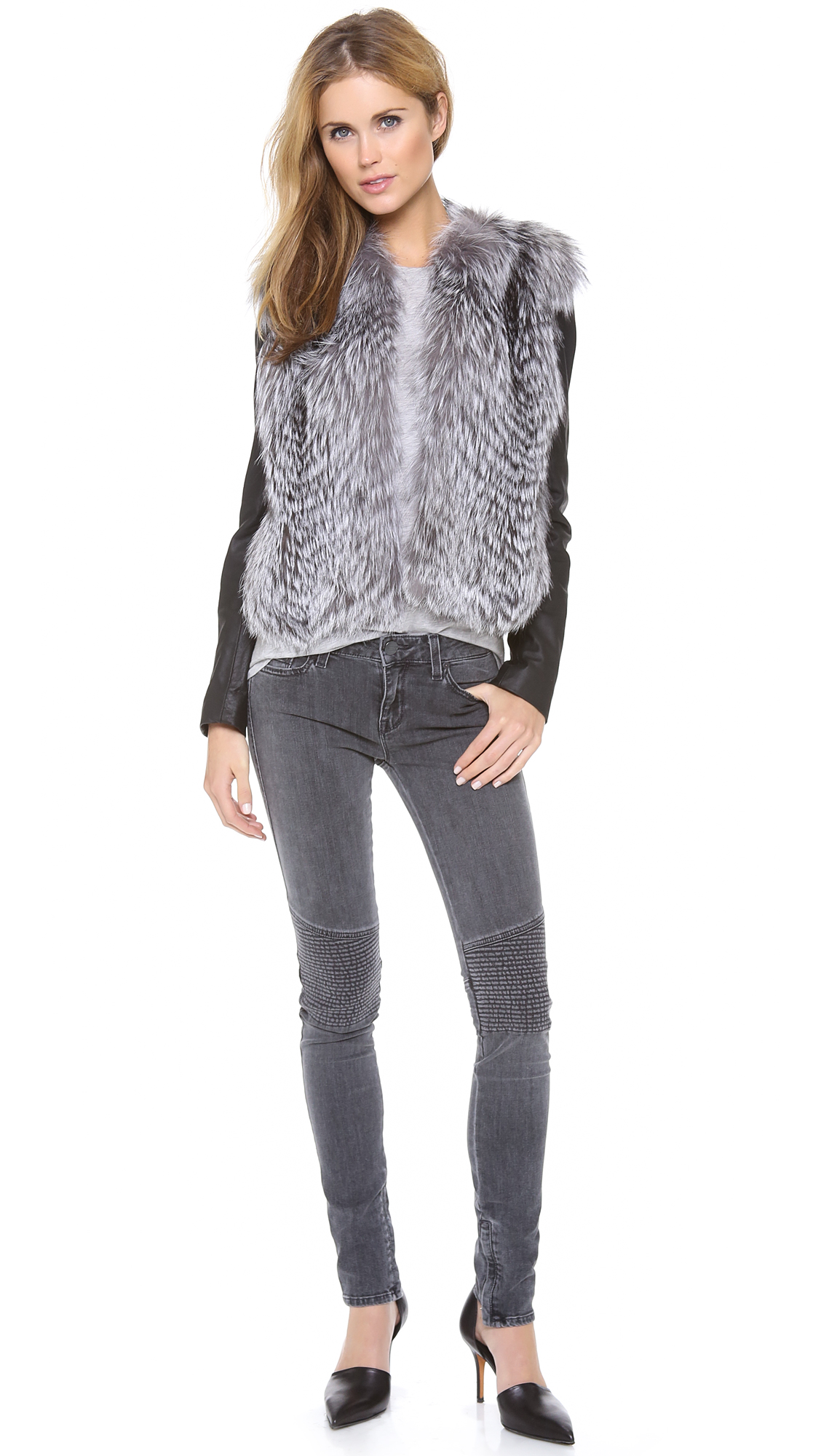 Lyst Vince Leather Sleeve Fur Jacket in Gray