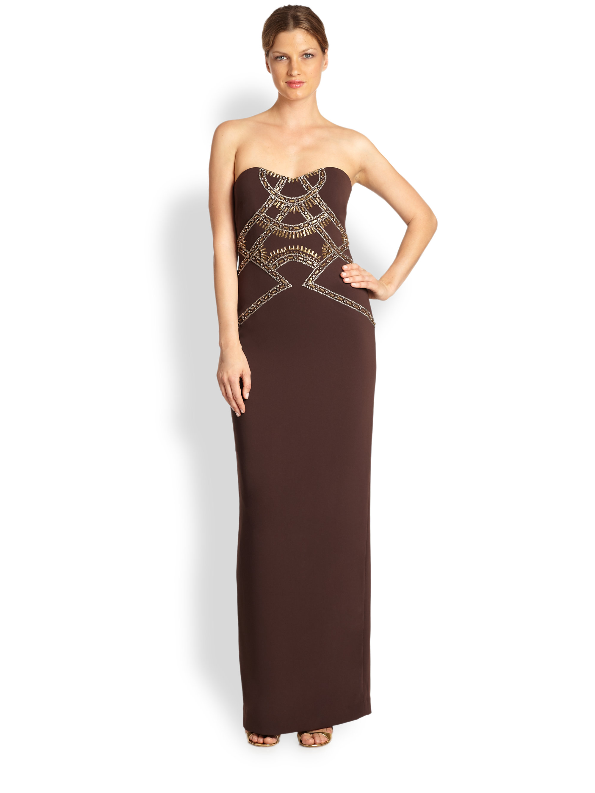 Lyst Badgley Mischka Beaded Strapless Gown in Brown