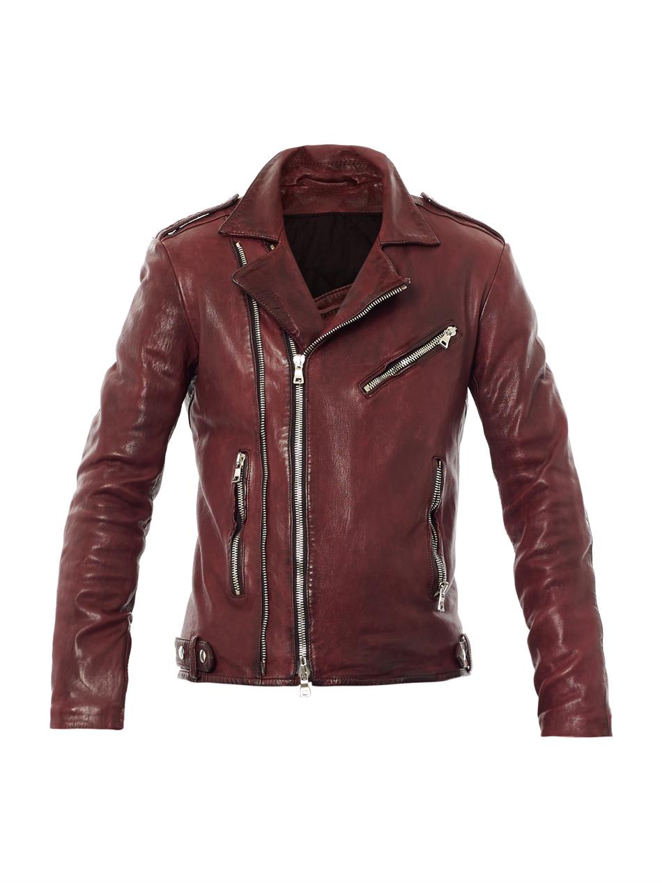 Balmain Distressed Leather Biker Jacket in Burgundy (Red) for Men - Lyst