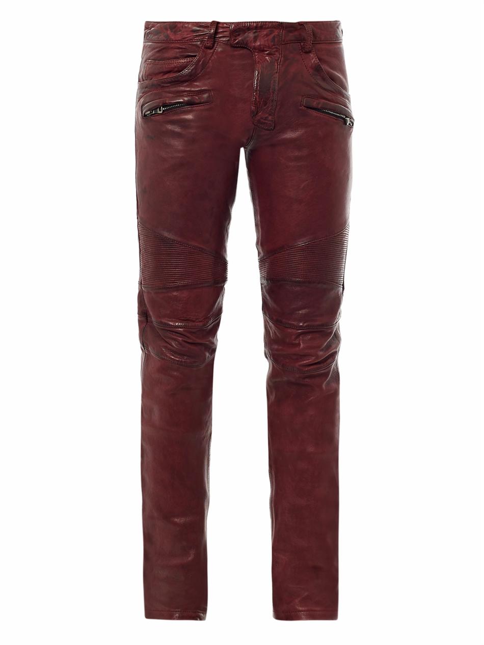 Balmain Distressed Leather Jeans in Burgundy (Red) for Men - Lyst