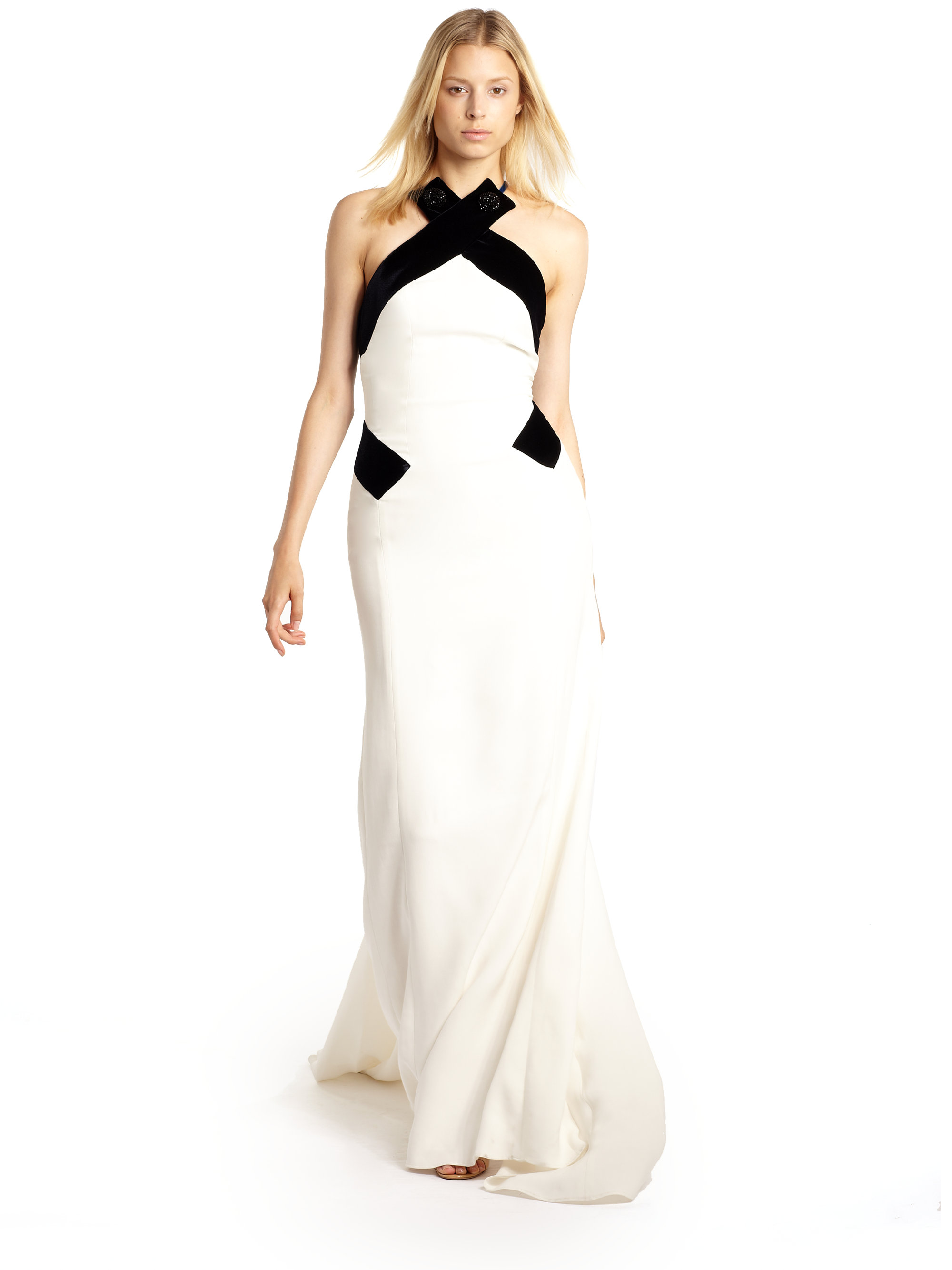 Lyst Carolina Herrera Embellished Silk Halter Gown In White Gallery