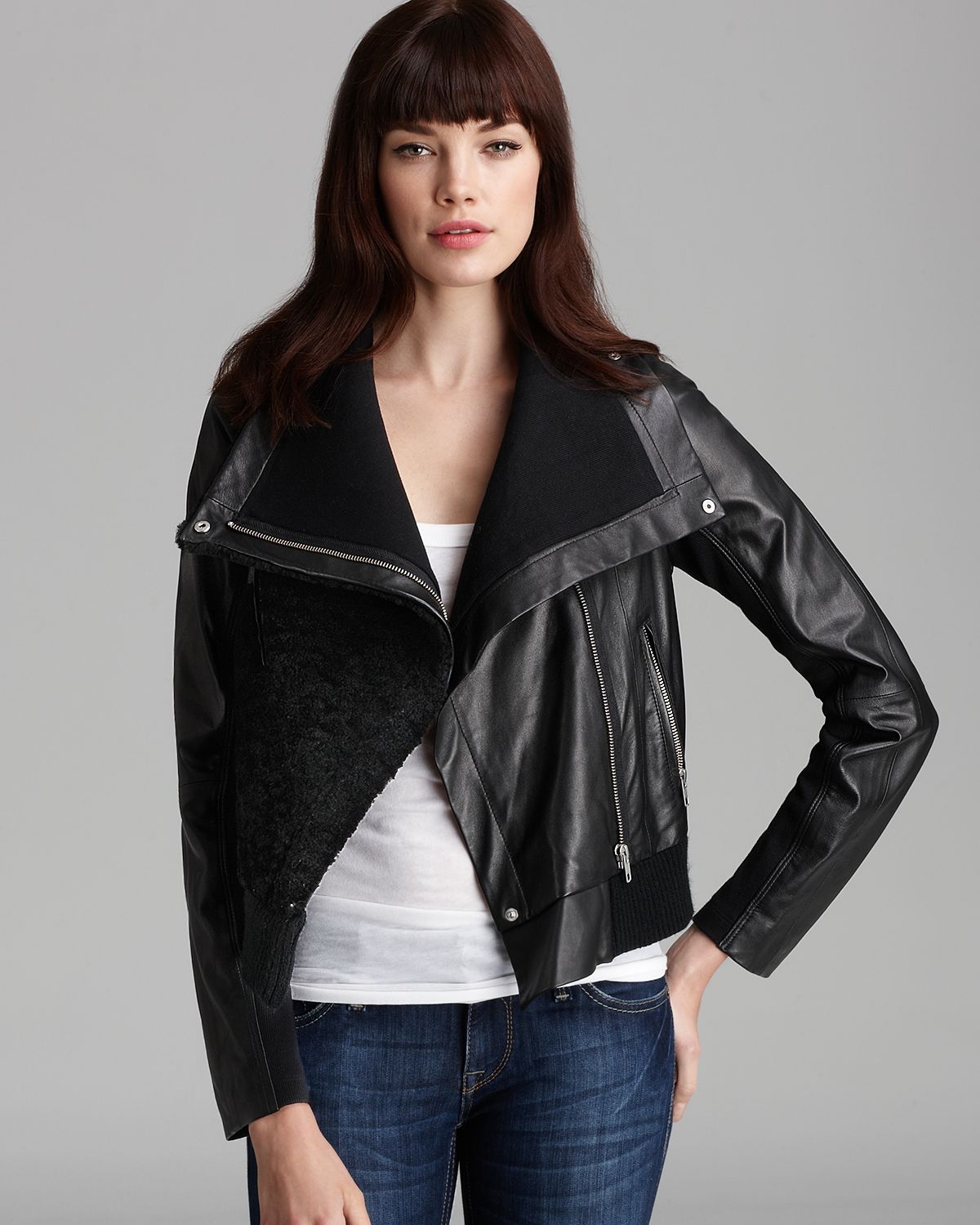 Cut25 by Yigal Azrouël Leather Jacket Shearling Front Moto in Black | Lyst
