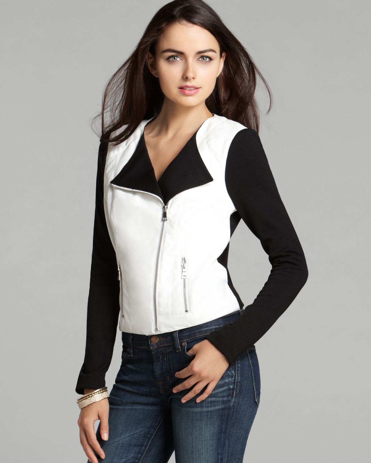 guess black and white leather jacket