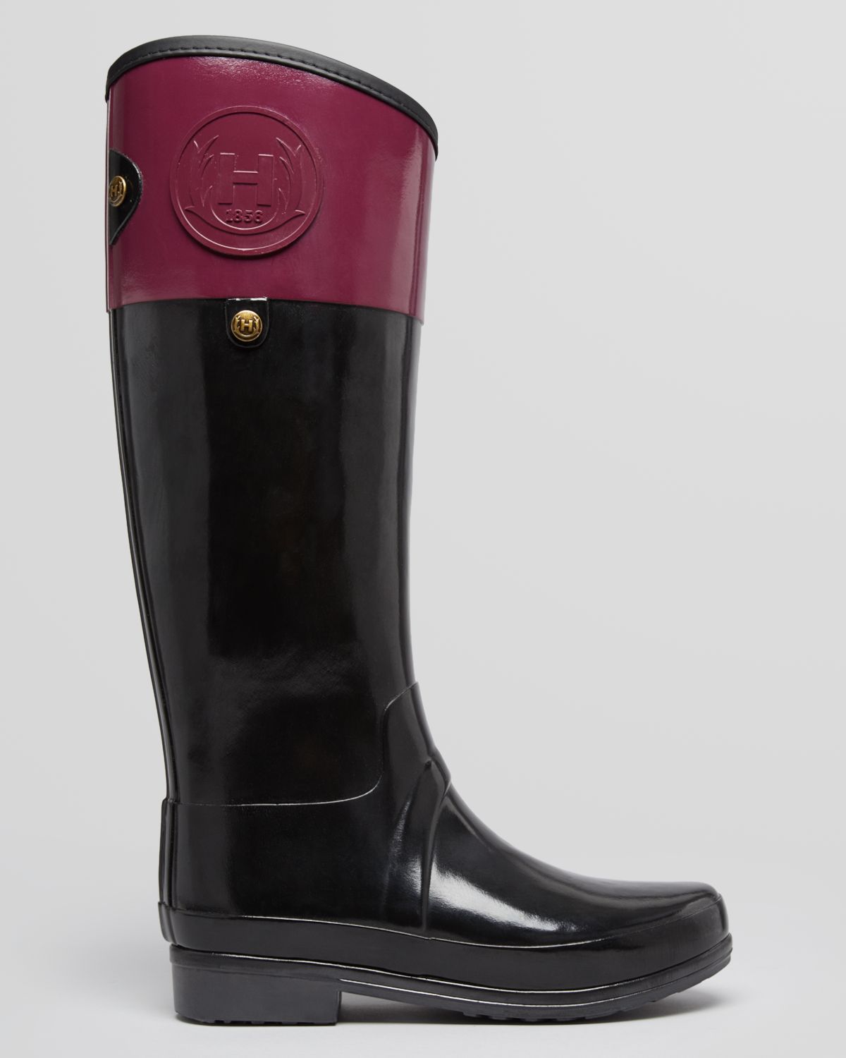 HUNTER Tall Riding Rain Boots Sandhurst Carlyle in Black/Dark Ruby