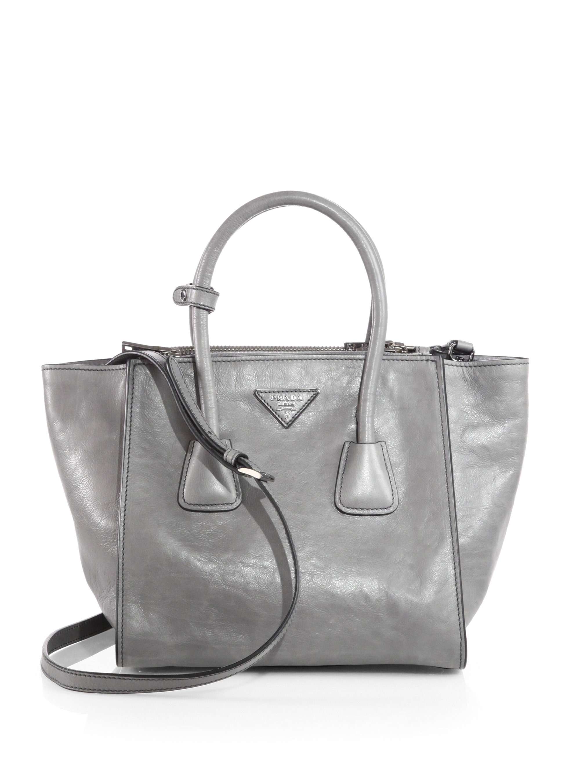 Prada Glace Calf Small Twin Pocket Tote in Gray (MARMO-GREY) | Lyst