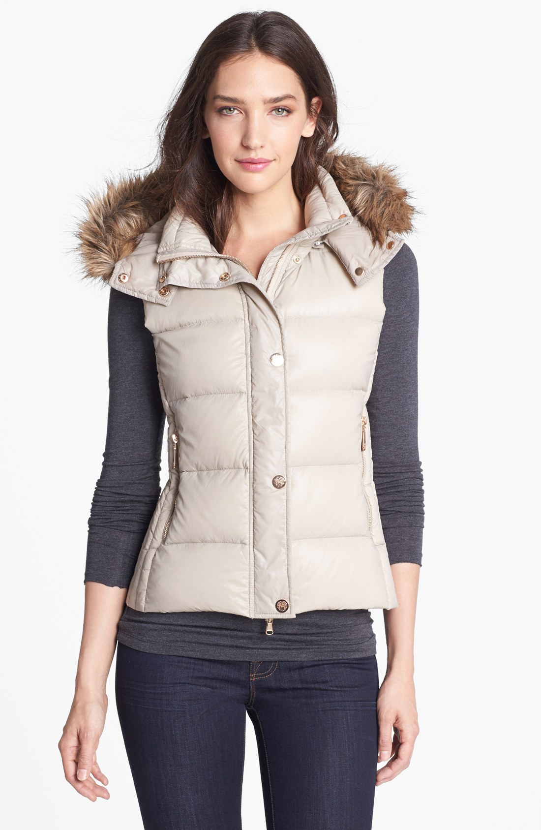 Vince camuto Faux Fur Trim Hooded Down Vest in White (Bone) Lyst